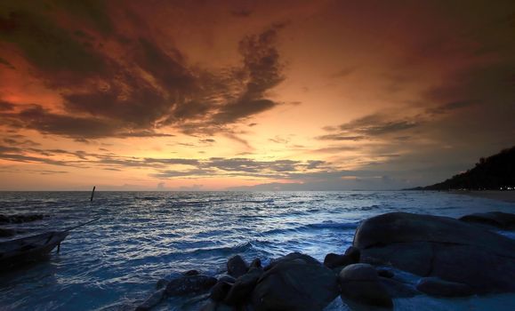 Landscape of beautiful Sunset at Beach, Rayong Thailand