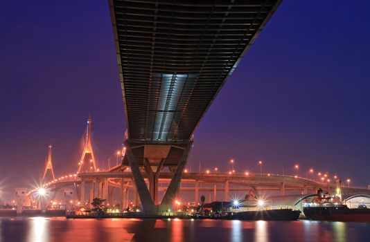 Landscape of Industrial Ring Bridge or Mega Bridge at dusk in Thailand. The Bridge cross over Bangkok Harbor