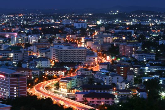 aerial view of Freeway Light trail to City at dusk in Pataya, Thailand