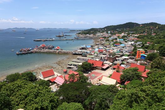 aerial view of fisherman pier in with village and town at Srichang Island Pattaya Thailand