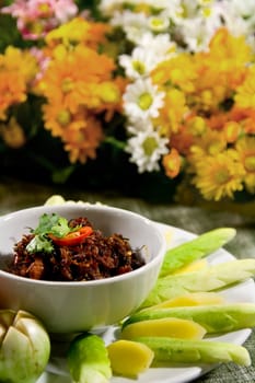 a sauce of shrimp paste and chili, eat with vegetables