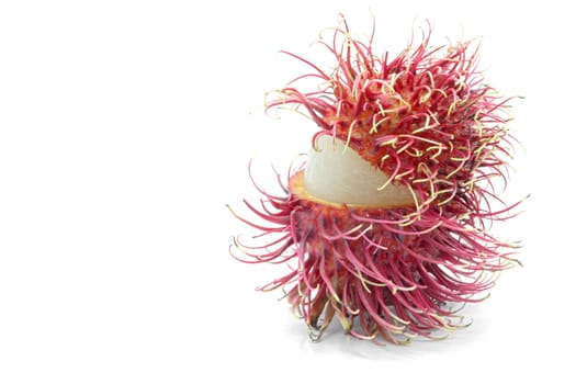 macro shot of peel tropical rambutan fruit on white background with copy space for your text