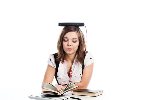 Portrait of a young and beautiful girl student who is preparing for exams