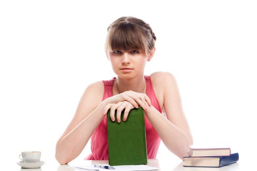 Portrait of a young and beautiful girl student who is preparing for exams