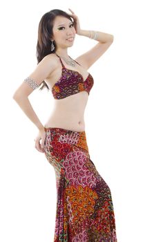 Red costume sexy belly dancer on white background