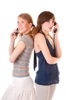Two friends communicate by phones isolated on white background