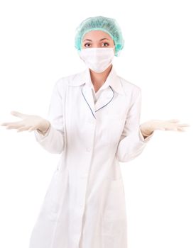 Confused doctor in protective uniform isolated on white background