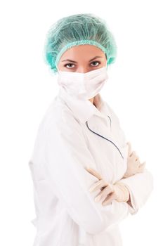 Serious doctor in protective uniform isolated on white background