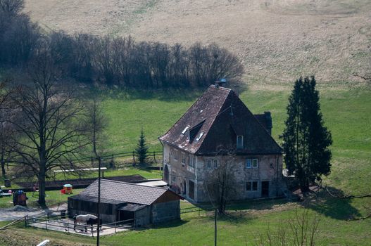 A large old farmhouse with horses and stable surrounded by fields and meadows