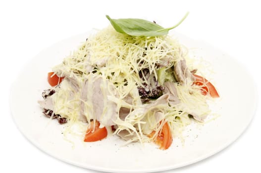 meat salad with cheese and herbs on a white plate