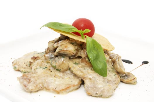 meat with mushrooms, tomatoes, herbs and jewelry