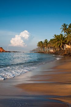 Romantic tropical beach with palms, blue sky and clouds