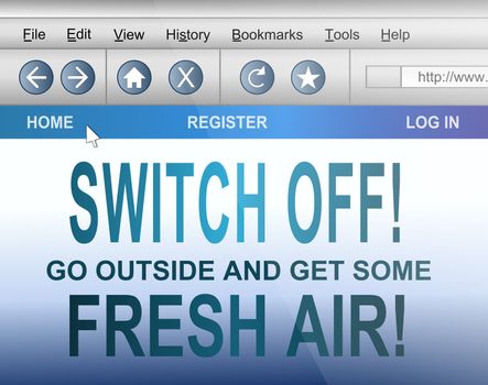 Illustration depicting computer screen shot of an internet browser with 'turn off and go outside' concept.