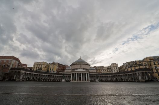 view, square and statues in Piazza Plebiscito, Naples, Italy