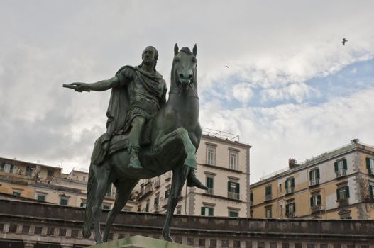 view, square and statues in Piazza Plebiscito, Naples, Italy