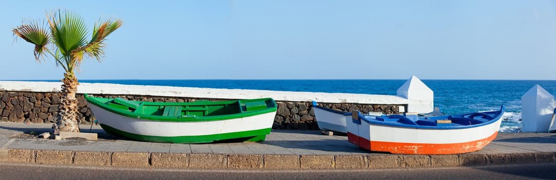Two boats and palm on the coast. Panorama. Lanzarote, Canary, Spaine