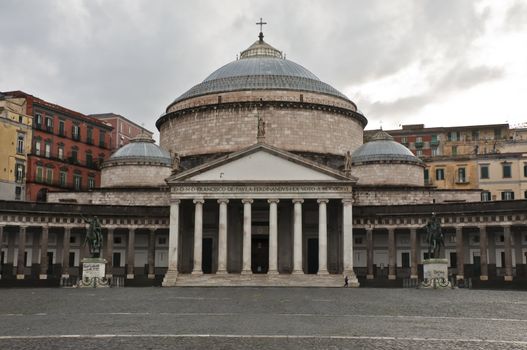 view, square and statues in Piazza Plebiscito, Naples, Italy