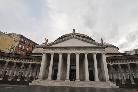 view, square and statues in Piazza Plebiscito, Naples, Italy