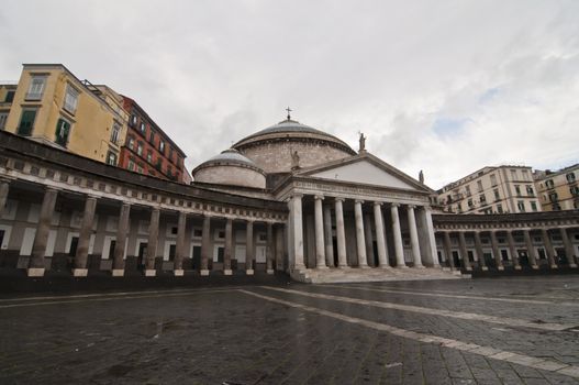 view, square and statues in Piazza Plebiscito, Naples, Italy