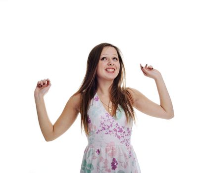 An image of a happy beautiful girl in light dress