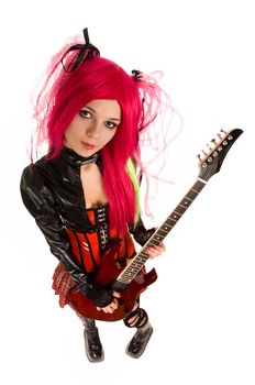 Attractive girl with guitar, high angle view  