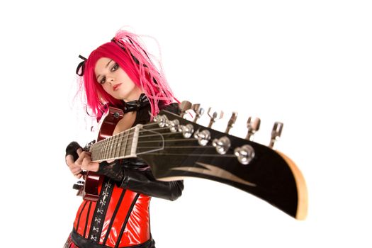 Gothic girl with guitar, focus on face, isolated on white background   