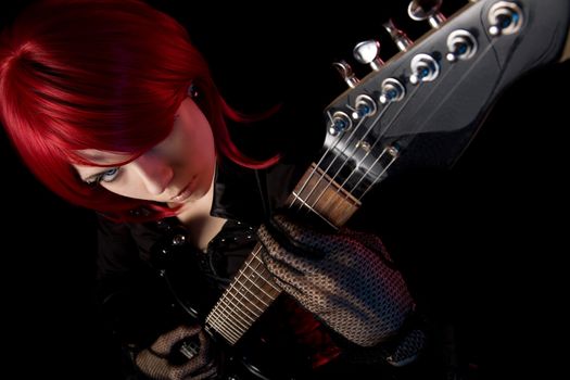 Redhead girl with guitar, selective focus on face, high angle view 