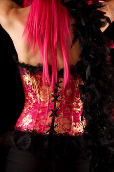 Rear view of cabaret girl in pink corset, selective focus on hair and boa 