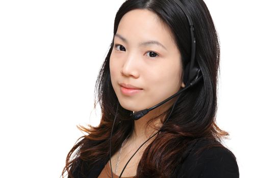 asian woman wearing headset