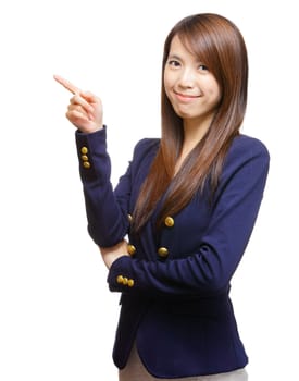 young asian woman pointing a side