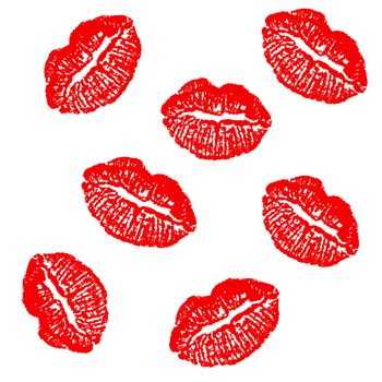 Red lipstick prints isolated. Seamless