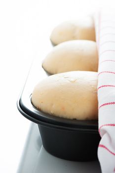 Yeast dough in a muffin pan with a white and red towel on white background as a studio shot