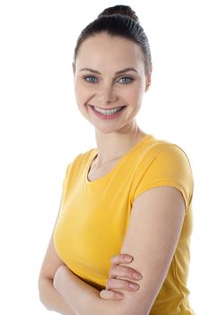 Skinny amarican teenager posing with folded arms isolated on white