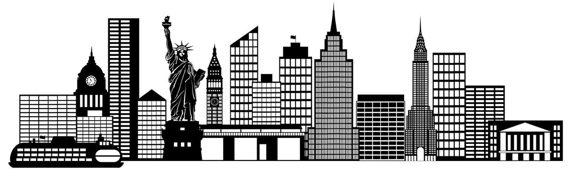 New York City Skyline Panorama Black and White Silhouette Clip Art Illustration