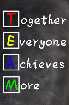 TEAM acronym (Together Everyone Achieves More), teamwork motivation concept of chalk handwriting on a blackboard