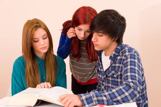 Students concentratedly sitting around a book