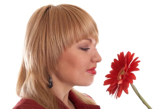 An image of girl in red with flowers