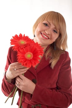 An image of nice girl with red flowewrs