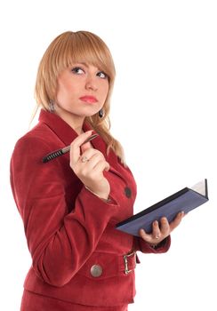 An image of businesswoman in red suit with pen