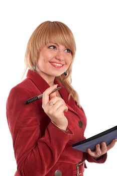 Portrait of a beautiful student girl with notebook and pen  isolated over white

