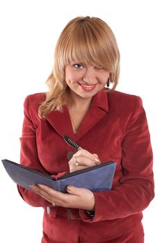 Beautiful Businesswoman Taking Notes. Holding pen and clipboard. Smiling. Shot in studio.