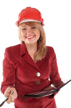 An image of smiling  lady in red helmet