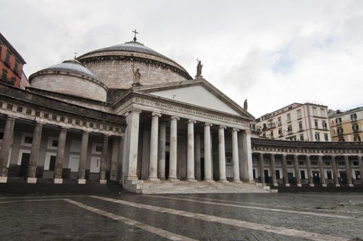 view, square and statues in Piazza Plebiscito, Naples, Italy