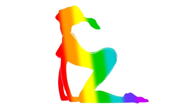 Sexy silhouette of a statue of a young woman in the colours of the rainbow flag