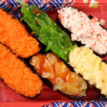 Sushi set in red tray, Seafood