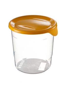 plastic container with yellow lid over white