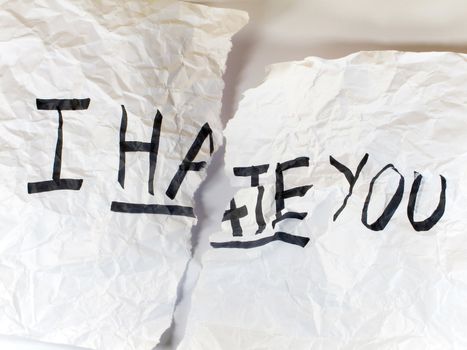 Write I HATE YOU on crumple white paper and tear it
