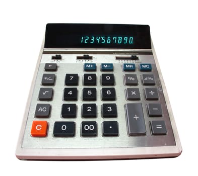 Old calculator with green digits isolated with clipping path