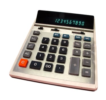 Old calculator with green digits isolated with clipping path