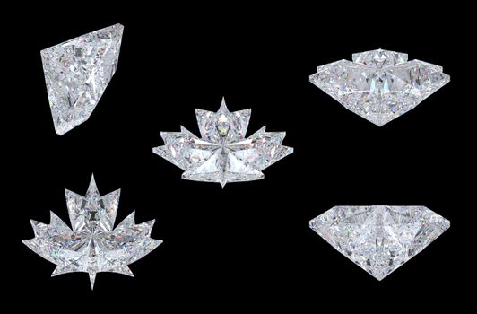 Top, bottom and side views of maple leaf diamond. Over black, Extralarge resolution. Other gems are in my portfolio.